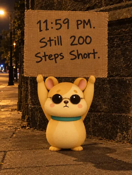The hamster at midnight holding a sign that says: 11:59 PM. Still 200 steps short.
