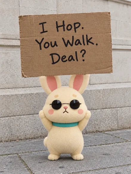 The VirtuPet bunny in sunglasses holding a cardboard sign that says: I hop. You walk. Deal?