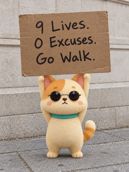The VirtuPet cat in sunglasses holding a cardboard sign that says: 9 lives. 0 excuses. Go walk.