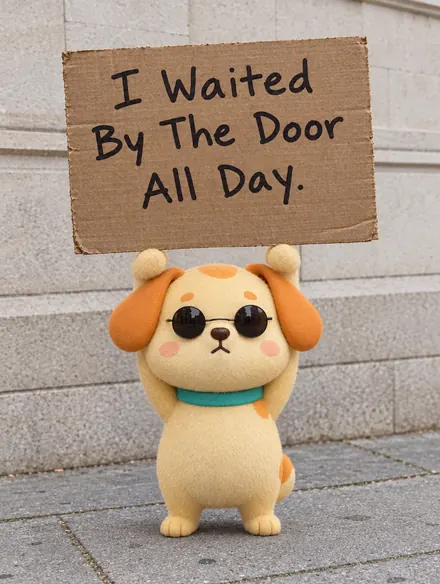 The VirtuPet dog in sunglasses holding a cardboard sign that says: I waited by the door all day.