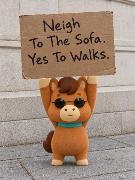 The VirtuPet horse in sunglasses holding a cardboard sign that says: Neigh to the sofa. Yes to walks.