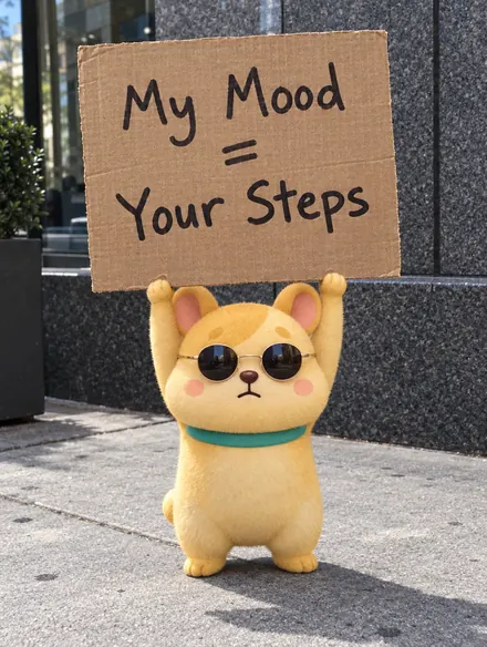 The plush hamster holding a sign that says: My mood equals your steps