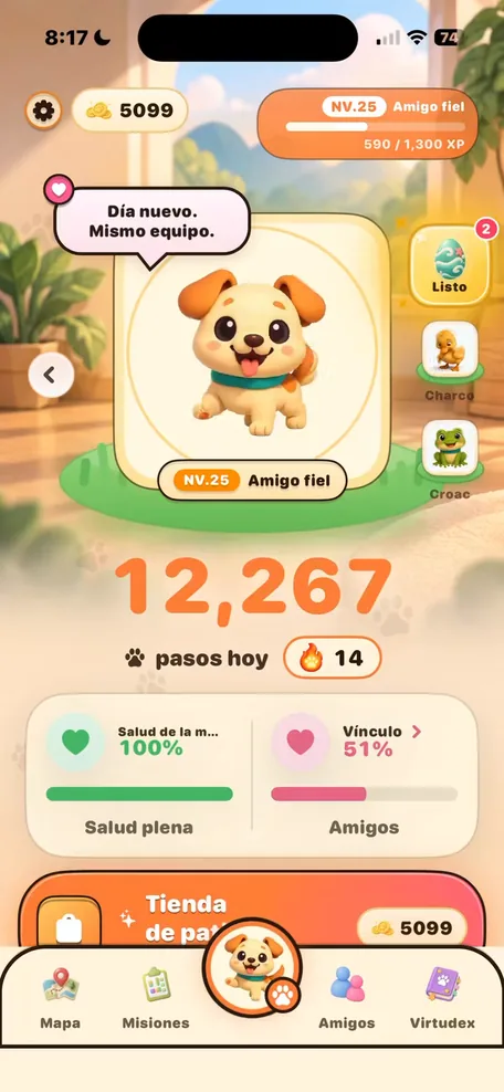 Pantalla Hoy de VirtuPet: el perro con 12.267 pasos hoy, salud plena y su vínculo