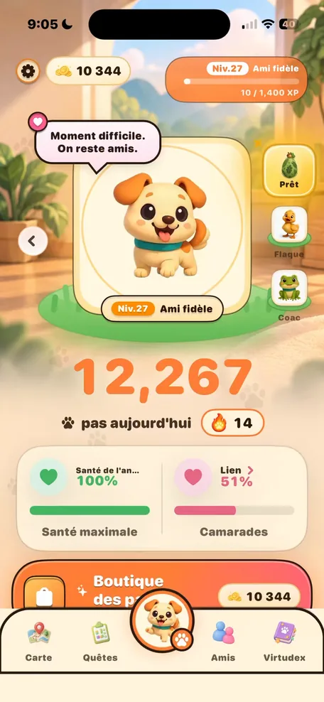 Écran Aujourd'hui de VirtuPet : le chien avec 12 267 pas aujourd'hui, une santé maximale et son lien