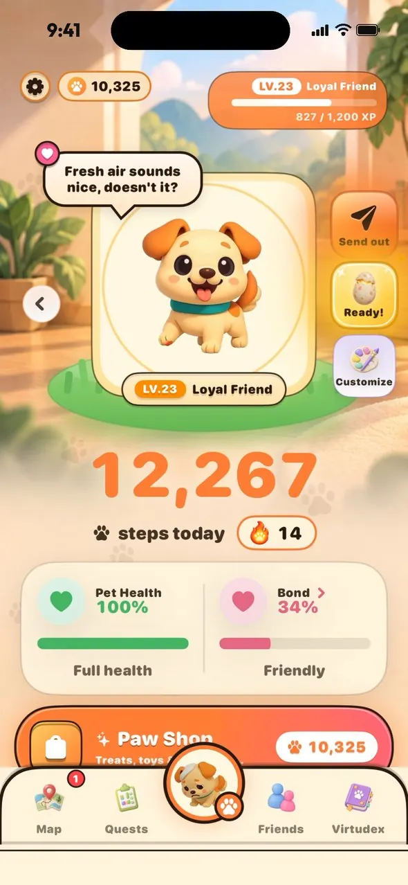 Home screen with a happy dog and today's steps